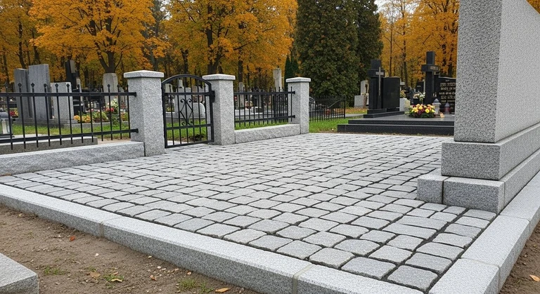 Благоустройство захоронений в Якутске — мощение гранитной плиткой, цоколь и ограда на ухоженном участке