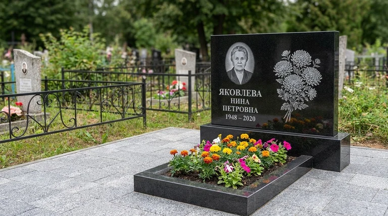 Гравировка хризантем на памятник в Якутске — пример работы на граните