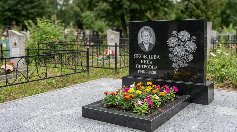 Памятник с гравировкой хризантем — выполненная работа «Соколов» в Якутске
