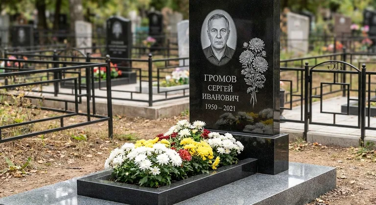 Памятник с гравировкой хризантем — выполненная работа «Громов» в Якутске
