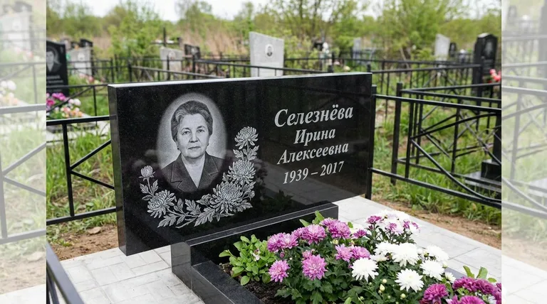 Памятник с гравировкой хризантем — выполненная работа «Селезнёва» в Якутске