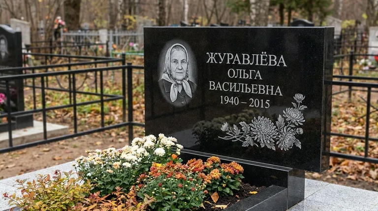 Памятник с гравировкой хризантем — выполненная работа «Журавлёва» в Якутске