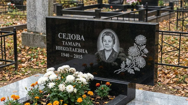 Памятник с гравировкой хризантем — выполненная работа «Седова» в Якутске