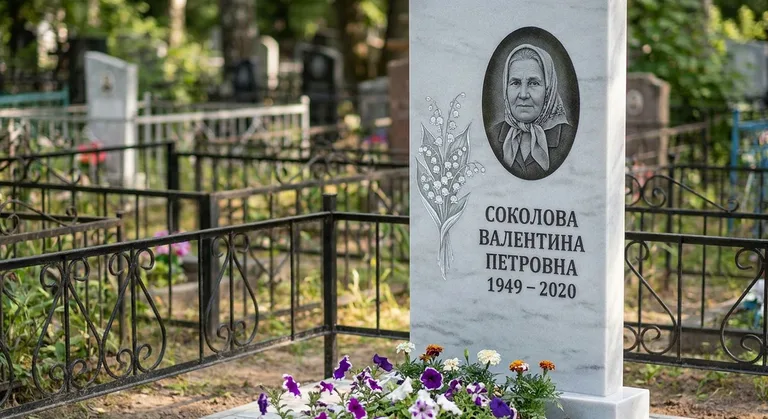 Памятник с гравировкой ландышей — выполненная работа «Соколова» в Якутске