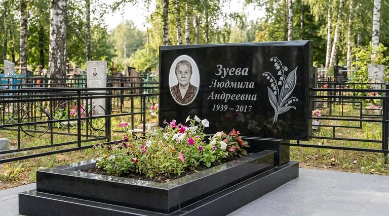 Памятник с гравировкой ландышей — выполненная работа «Зуева» в Якутске