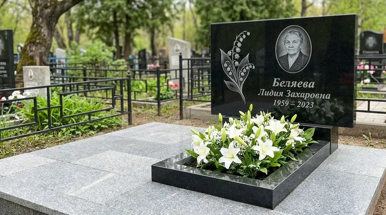 Памятник с гравировкой ландышей — выполненная работа «Беляева» в Якутске