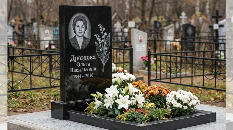 Памятник с гравировкой ландышей — выполненная работа «Дроздова» в Якутске