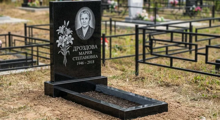 Памятник с гравировкой лилий — выполненная работа «Дроздова» в Якутске