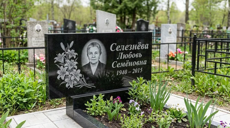 Памятник с гравировкой лилий — выполненная работа «Селезнёва» в Якутске
