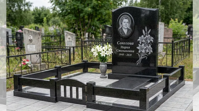 Памятник с гравировкой лилий — выполненная работа «Соколова» в Якутске