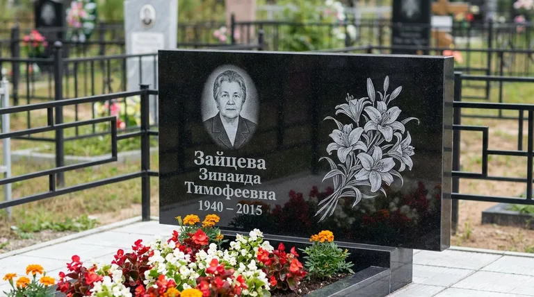 Памятник с гравировкой лилий — выполненная работа «Зайцева» в Якутске