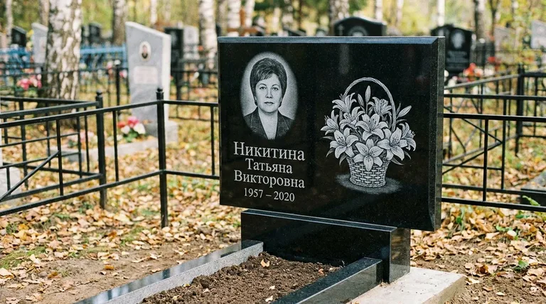 Памятник с гравировкой лилий — выполненная работа «Никитина» в Якутске
