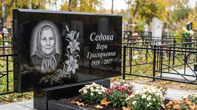 Памятник с гравировкой лилий — выполненная работа «Седова» в Якутске
