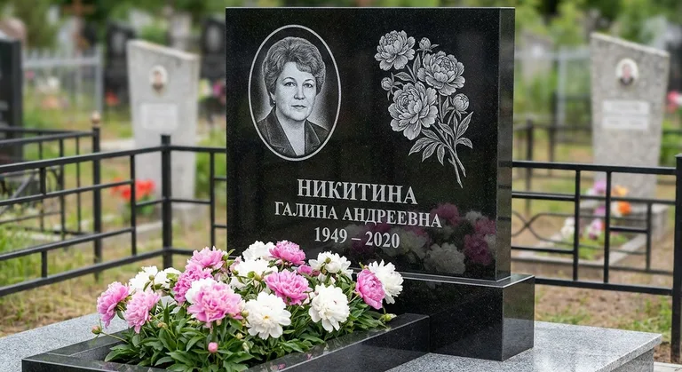 Памятник с гравировкой пионов — выполненная работа «Никитина» в Якутске