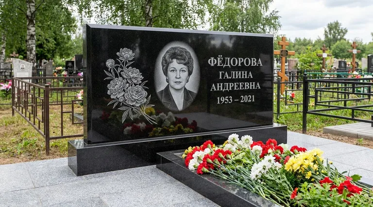 Памятник с гравировкой пионов — выполненная работа «Фёдорова» в Якутске
