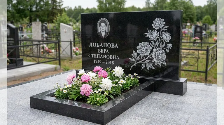 Памятник с гравировкой пионов — выполненная работа «Лобанова» в Якутске