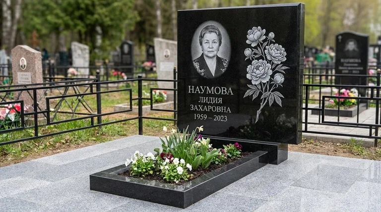 Памятник с гравировкой пионов — выполненная работа «Наумова» в Якутске