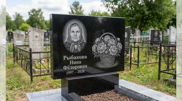 Памятник с гравировкой пионов — выполненная работа «Рыбакова» в Якутске