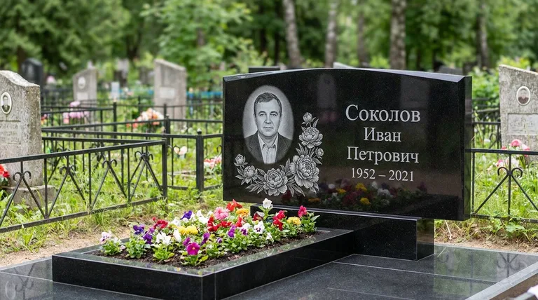 Памятник с гравировкой пионов — выполненная работа «Соколов» в Якутске
