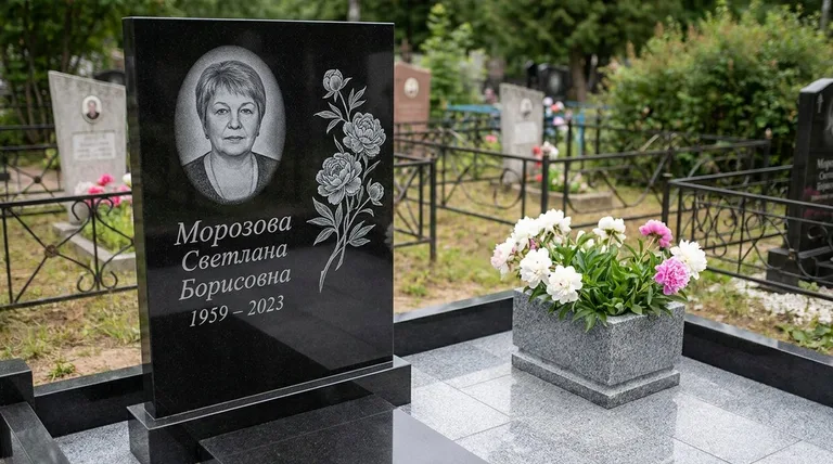 Памятник с гравировкой пионов — выполненная работа «Морозова» в Якутске
