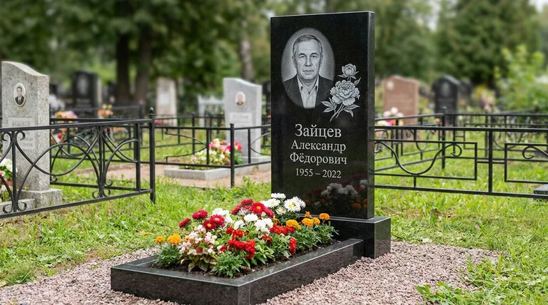 Памятник с гравировкой пионов — выполненная работа «Зайцев» в Якутске