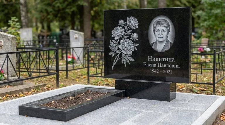 Памятник с гравировкой пионов — выполненная работа «Никитина» в Якутске