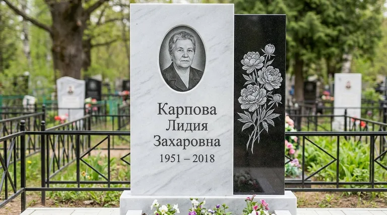 Памятник с гравировкой пионов — выполненная работа «Карпова» в Якутске