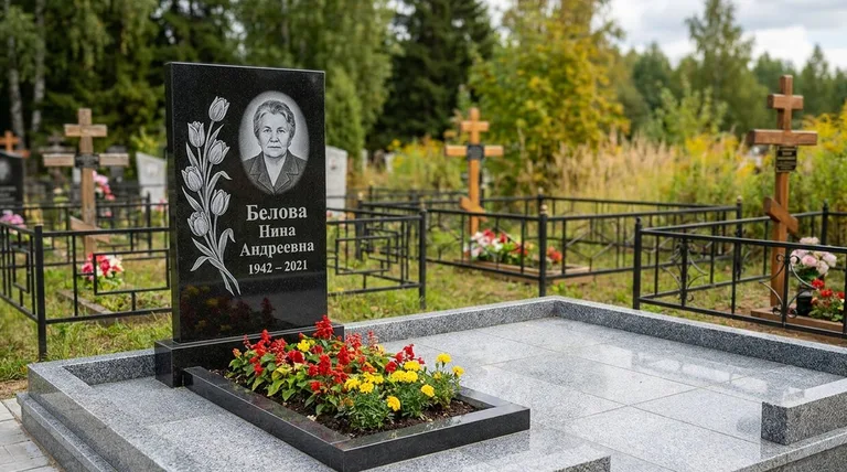 Памятник с гравировкой тюльпанов — выполненная работа «Белова» в Якутске