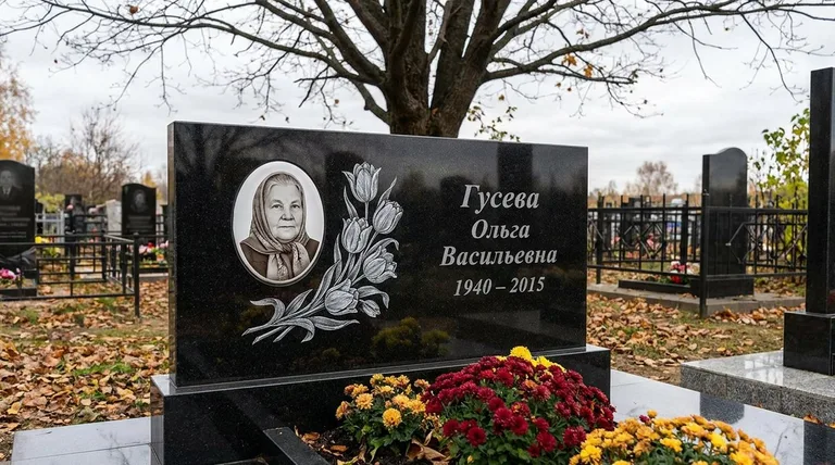 Памятник с гравировкой тюльпанов — выполненная работа «Гусева» в Якутске