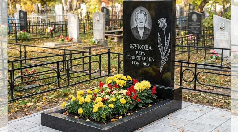 Памятник с гравировкой тюльпанов — выполненная работа «Жукова» в Якутске