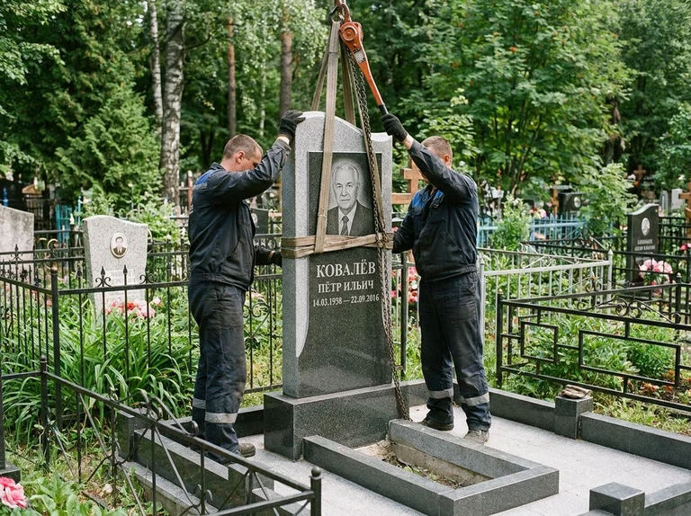 Демонтаж памятника на кладбище в Якутске — бригада аккуратно снимает старый гранитный памятник с могилы