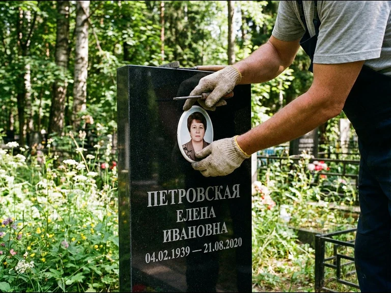 Фото на керамике на памятник в Якутске — мастер устанавливает овальный керамический портрет на гранитный памятник