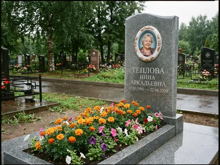 Керамический портрет на памятнике с цветами в Якутске