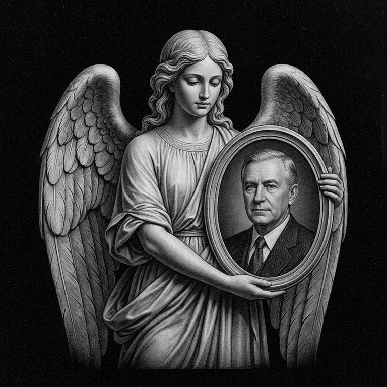 Эскиз гравировки ангела на памятник — объёмный ангел с портретом в Якутске