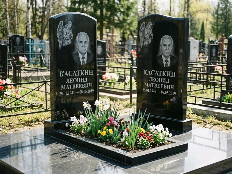 Памятник с гравировкой ангела — гравировка молящегося ангела в верхней части стелы, работа «Касаткин» в Якутске