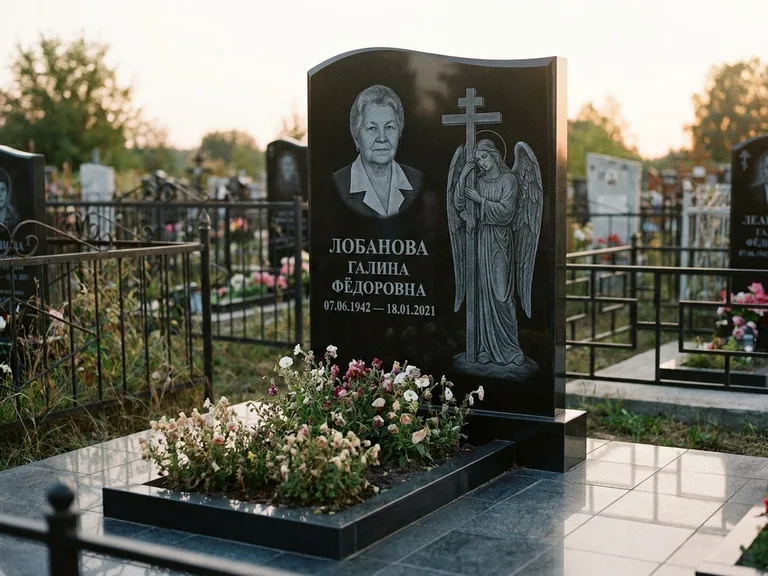 Памятник с гравировкой ангела — гравировка ангела с крестом рядом с эпитафией, работа «Лобанова» в Якутске