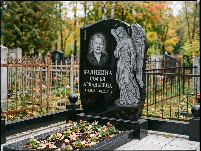 Памятник с гравировкой ангела — гравировка ангела с крестом рядом с эпитафией, работа «Игнатова» в Якутске