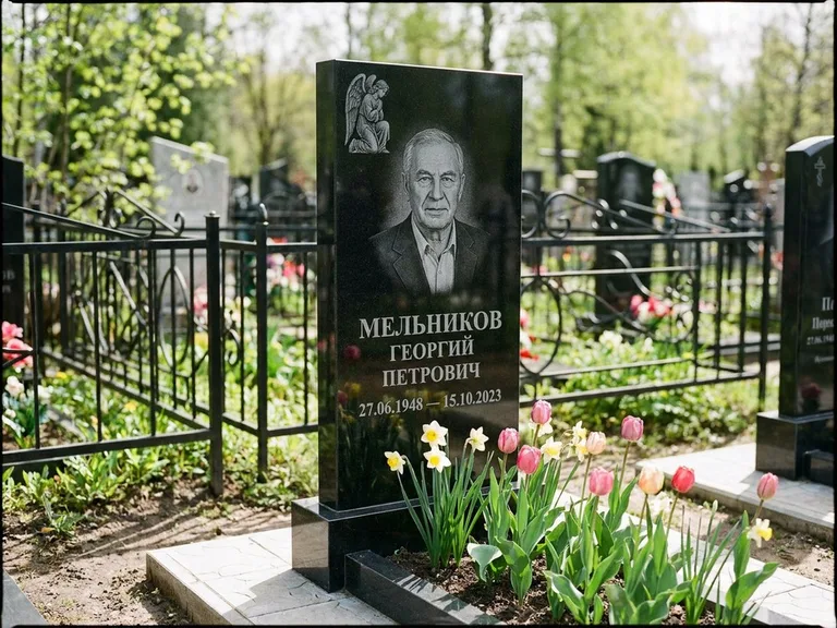 Памятник с гравировкой ангела — гравировка ангела с голубем по диагонали стелы, работа «Доронин» в Якутске