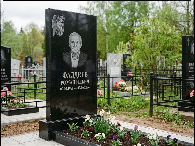 Памятник с гравировкой ангела — гравировка молящегося ангела в верхней части стелы, работа «Фаддеев» в Якутске