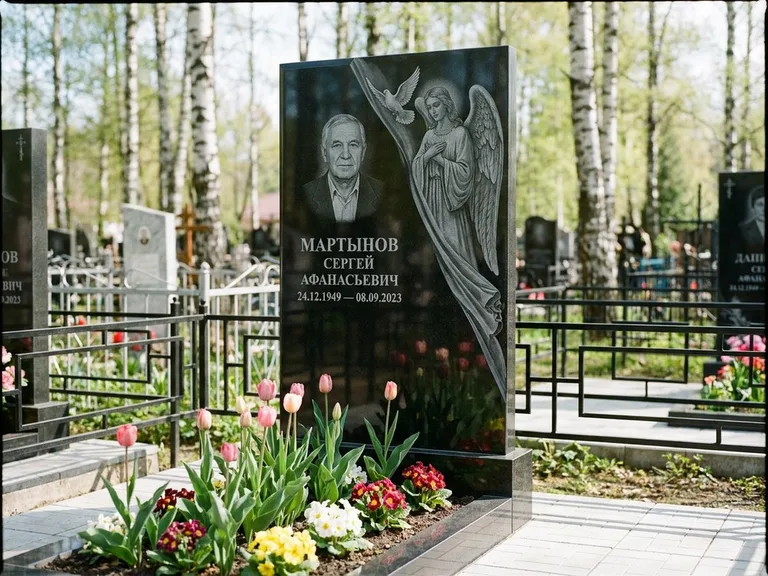 Памятник с гравировкой ангела — гравировка двух ангелов по сторонам портрета, работа «Касаткин» в Якутске