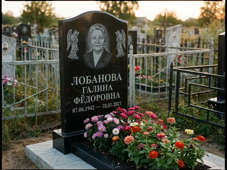 Памятник с гравировкой ангела — гравировка двух ангелов по сторонам портрета, работа «Лобанова» в Якутске