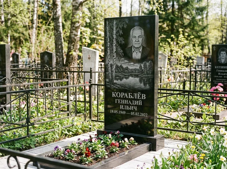 Памятник с гравировкой берёзы — гравировка берёзы у зеркального озера, работа «Кораблёв» в Якутске