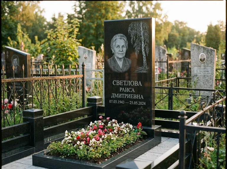 Памятник с гравировкой берёзы — гравировка плакучей берёзы с тонкими ветвями, работа «Светлова» в Якутске
