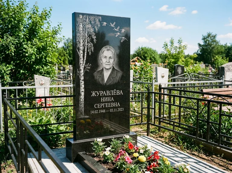 Памятник с гравировкой берёзы — гравировка берёзы с журавлиным клином в небе, работа «Журавлёва» в Якутске