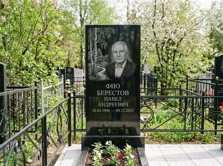 Памятник с гравировкой берёзы — гравировка берёзы у тропинки, уходящей вдаль, работа «Берестов» в Якутске