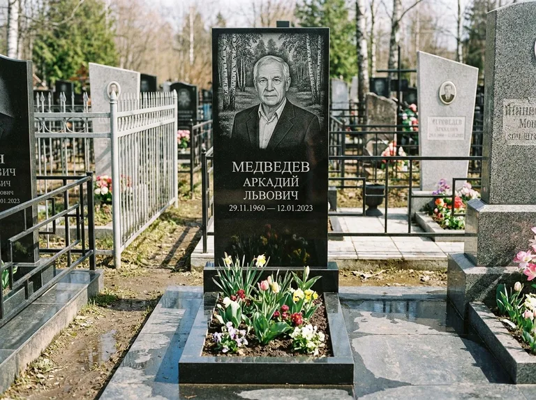 Памятник с гравировкой берёзы — гравировка берёзовой рощи в глубину, работа «Медведев» в Якутске