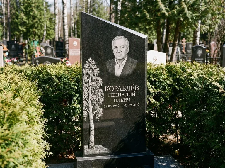 Памятник с гравировкой берёзы: асимметричная скошенная стела — объёмная одинокая берёза с фактурной корой, живая изгородь из туи, работа «Кораблёв» в Якутске
