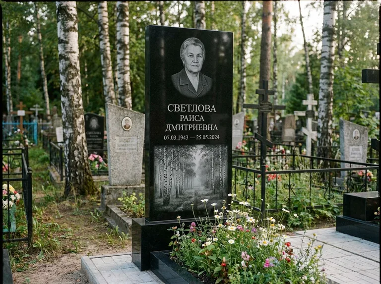 Памятник с гравировкой берёзы: двойная семейная стела — берёзовая роща в лёгкой дымке, цветник с полевыми цветами, работа «Светлова» в Якутске