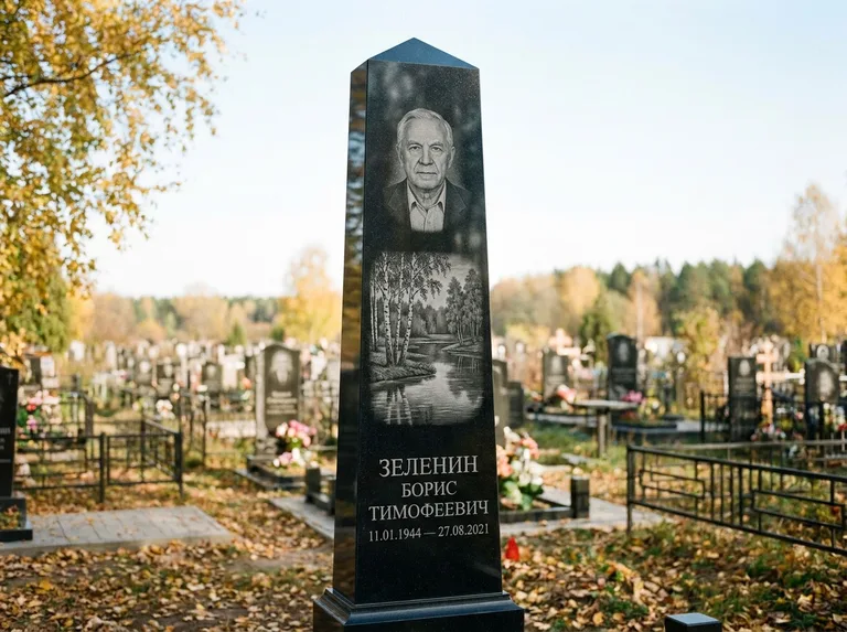 Памятник с гравировкой берёзы: гранёный обелиск-колонна — берёза у воды с отражением, открытый участок, мягкий свет, работа «Зеленин» в Якутске