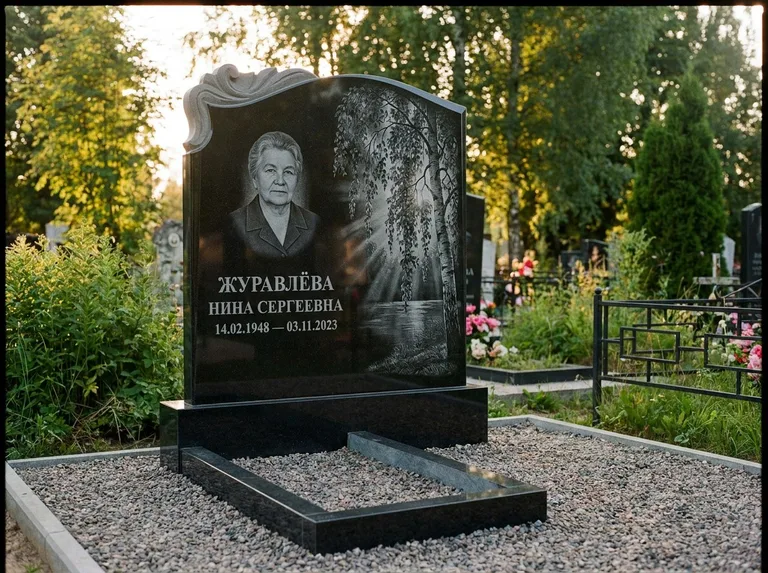 Памятник с гравировкой берёзы: стела с фигурным резным верхом — плакучая берёза в контровом свете, гравийная отсыпка, рассвет, работа «Журавлёва» в Якутске
